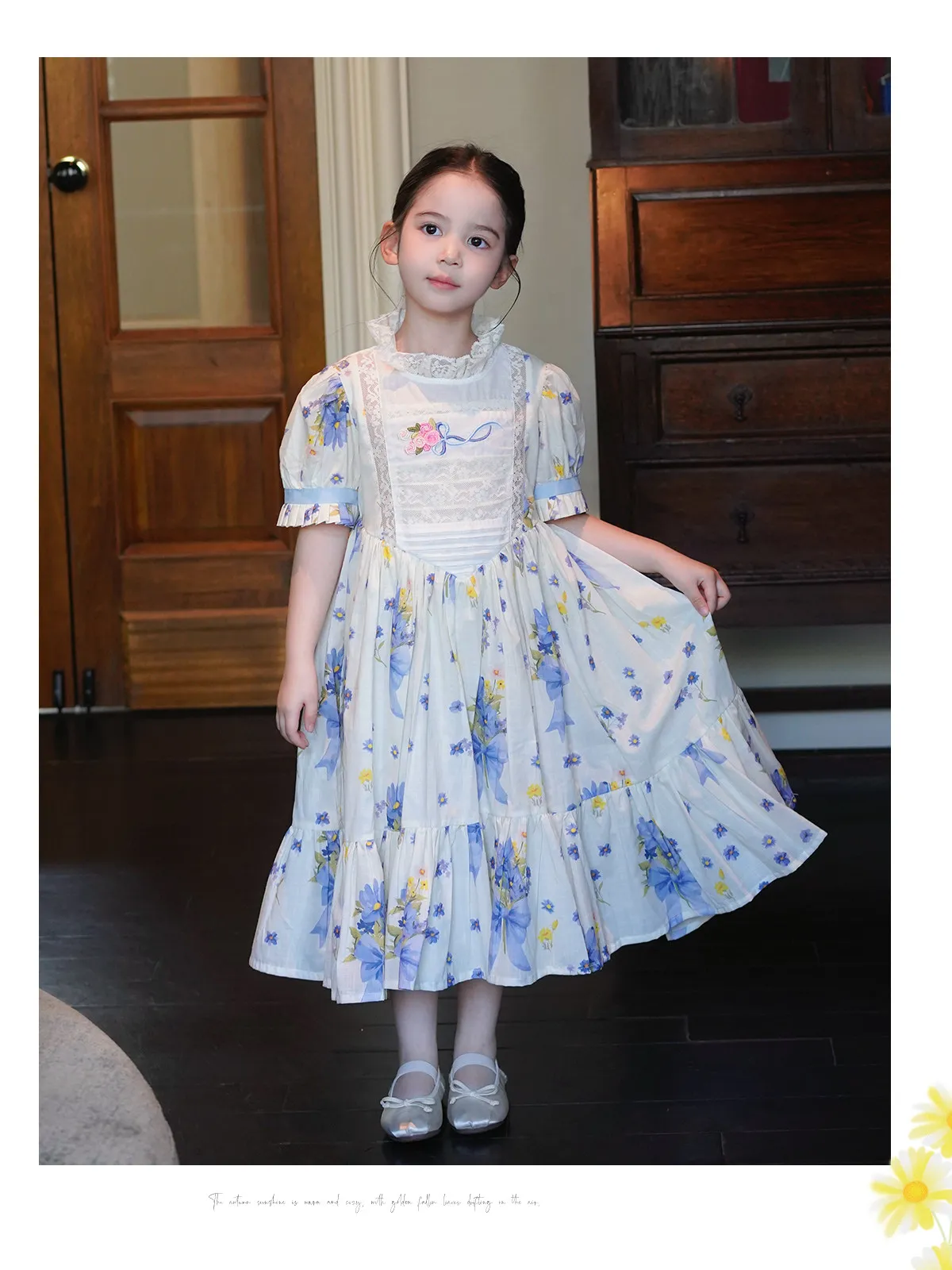 Sweet Girls 2026 New Summer Fashion High End Floral Embroidered Princess Dress Kids Lace Cotton Linen Soft Puff Sleeve Dresses