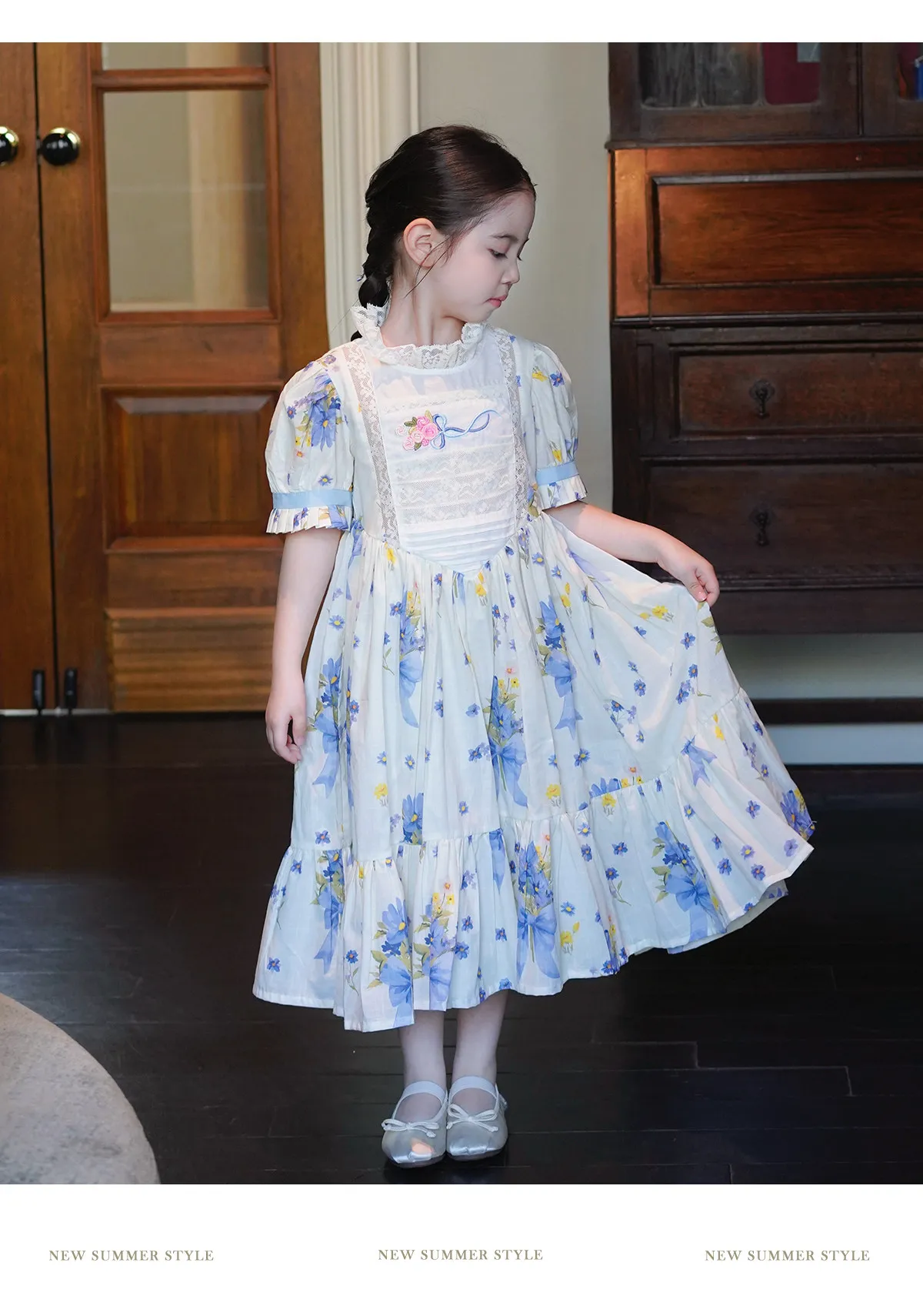 Sweet Girls 2026 New Summer Fashion High End Floral Embroidered Princess Dress Kids Lace Cotton Linen Soft Puff Sleeve Dresses