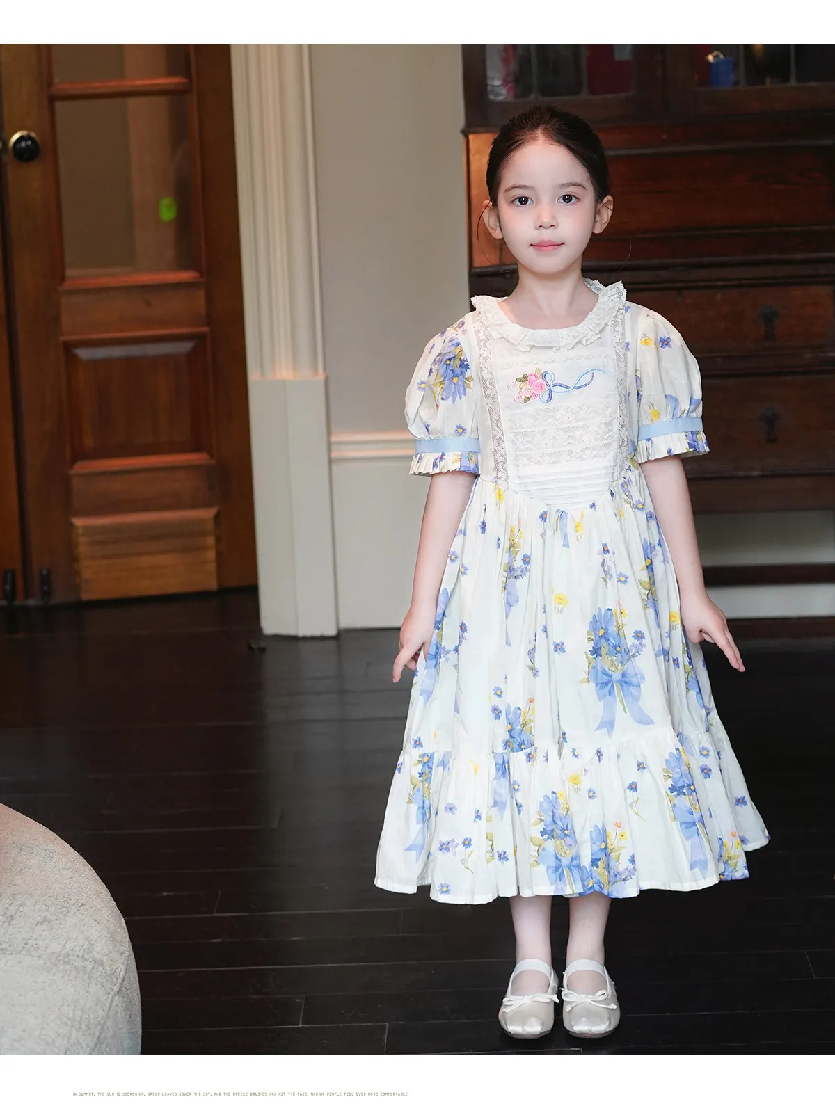 Sweet Girls 2026 New Summer Fashion High End Floral Embroidered Princess Dress Kids Lace Cotton Linen Soft Puff Sleeve Dresses
