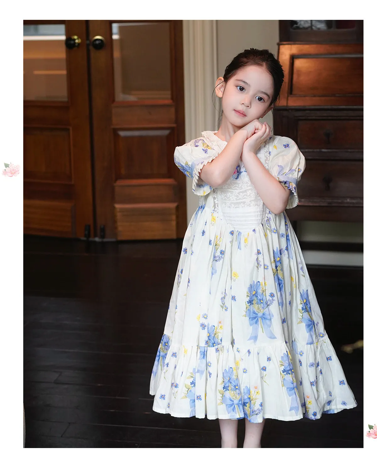 Sweet Girls 2026 New Summer Fashion High End Floral Embroidered Princess Dress Kids Lace Cotton Linen Soft Puff Sleeve Dresses
