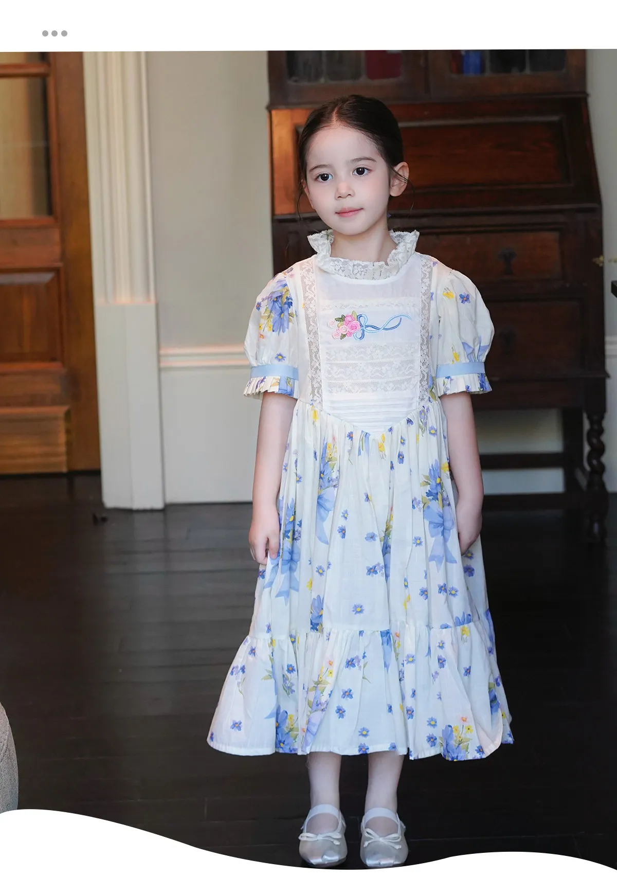 Sweet Girls 2026 New Summer Fashion High End Floral Embroidered Princess Dress Kids Lace Cotton Linen Soft Puff Sleeve Dresses