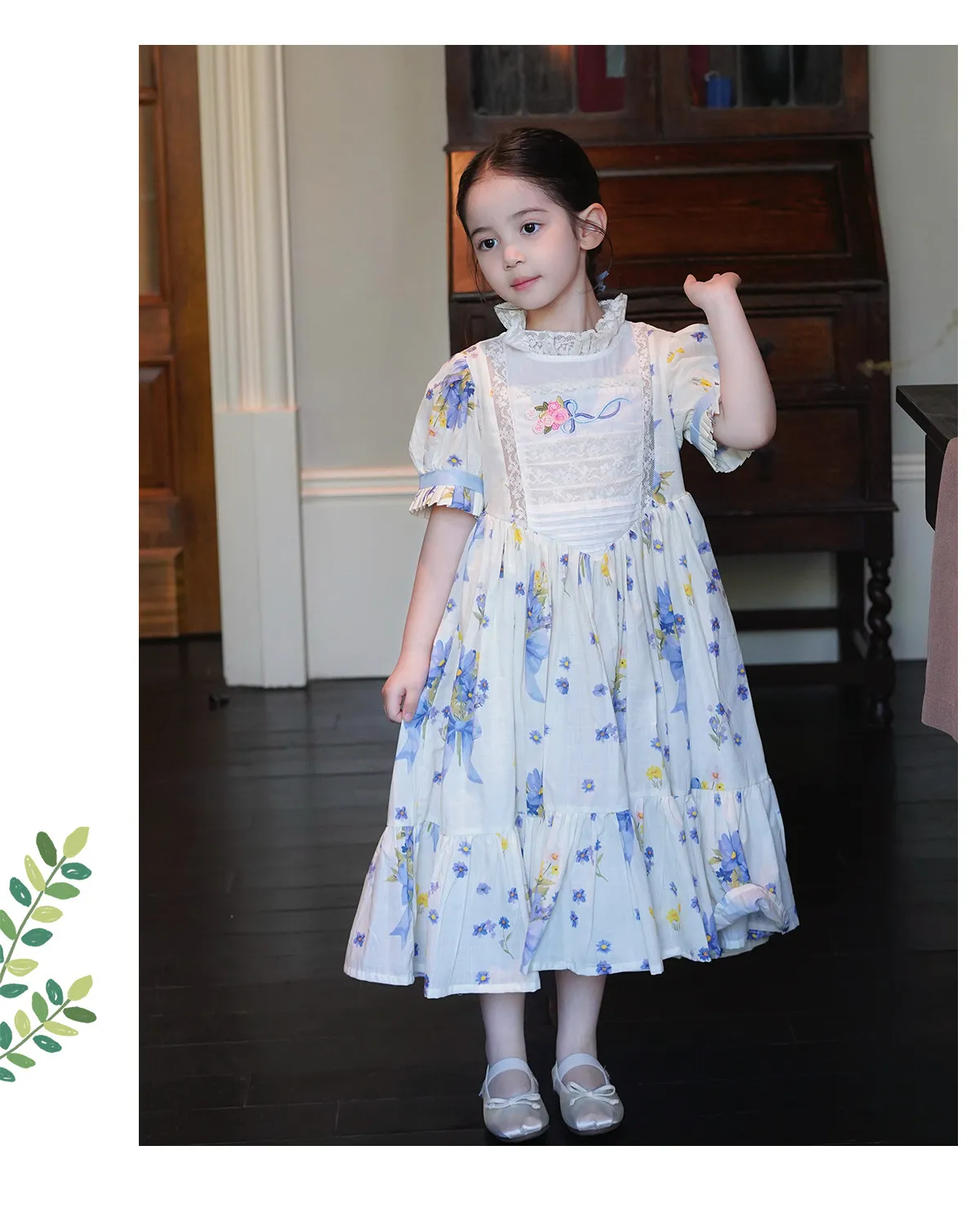 Sweet Girls 2026 New Summer Fashion High End Floral Embroidered Princess Dress Kids Lace Cotton Linen Soft Puff Sleeve Dresses