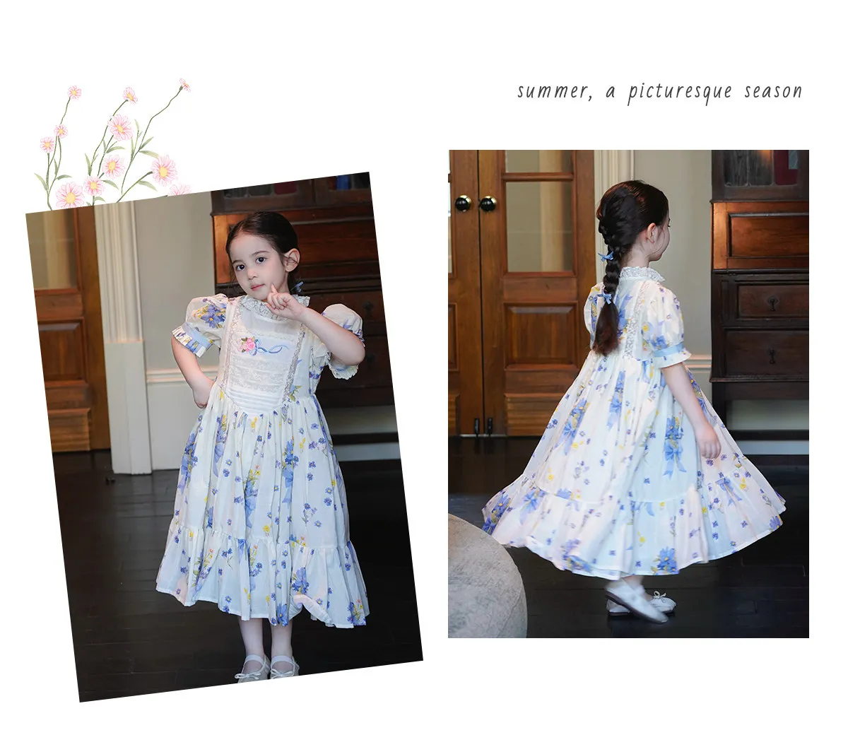 Sweet Girls 2026 New Summer Fashion High End Floral Embroidered Princess Dress Kids Lace Cotton Linen Soft Puff Sleeve Dresses