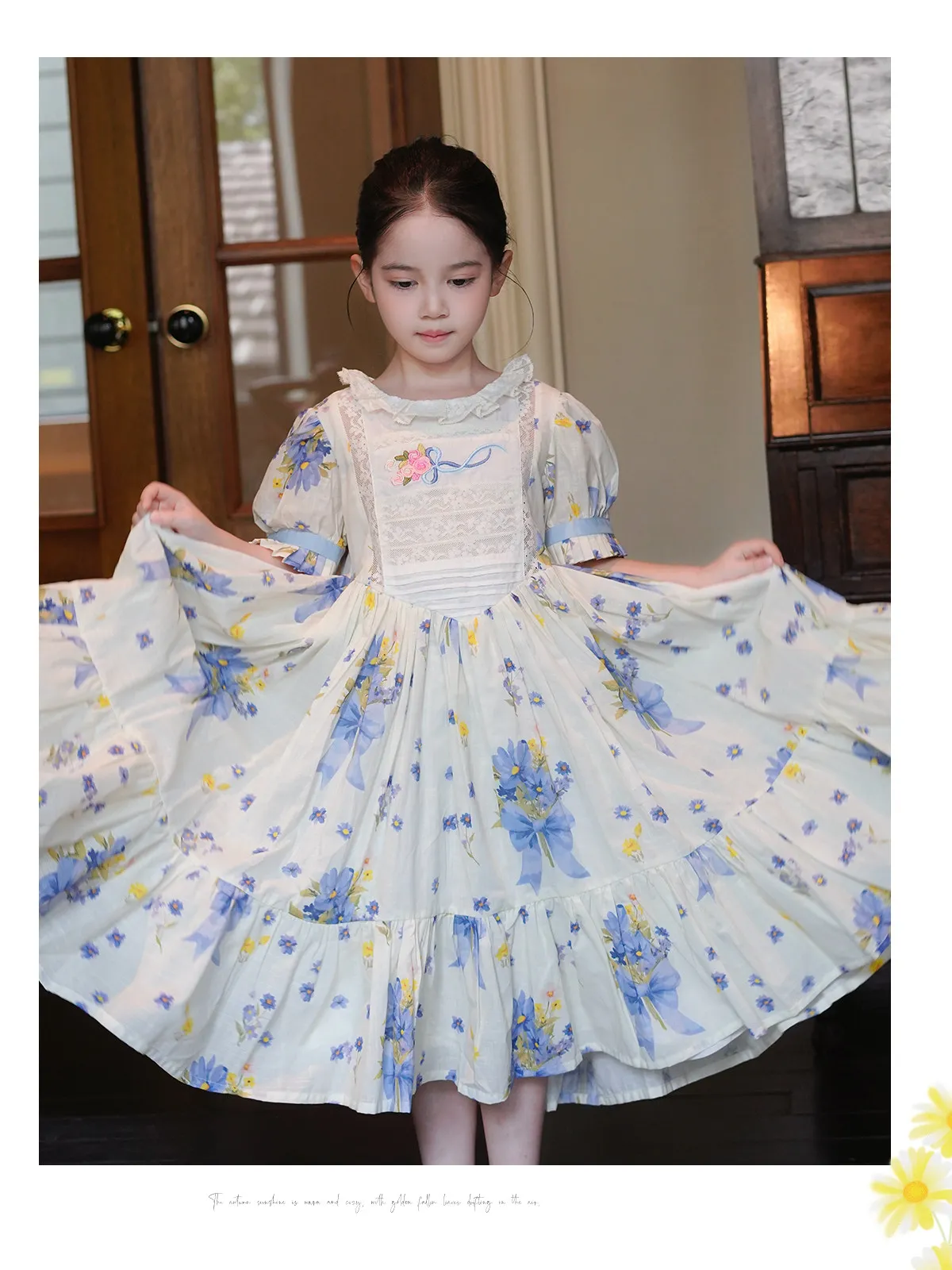 Sweet Girls 2026 New Summer Fashion High End Floral Embroidered Princess Dress Kids Lace Cotton Linen Soft Puff Sleeve Dresses