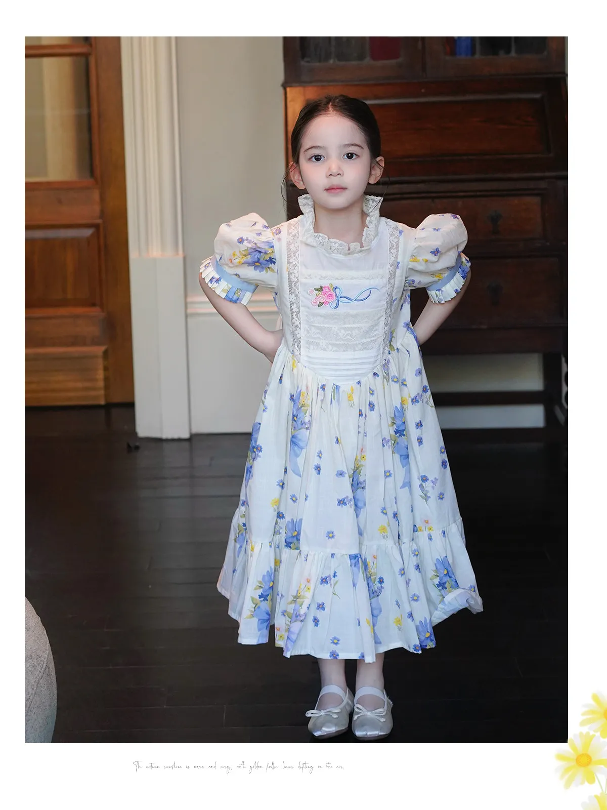 Sweet Girls 2026 New Summer Fashion High End Floral Embroidered Princess Dress Kids Lace Cotton Linen Soft Puff Sleeve Dresses