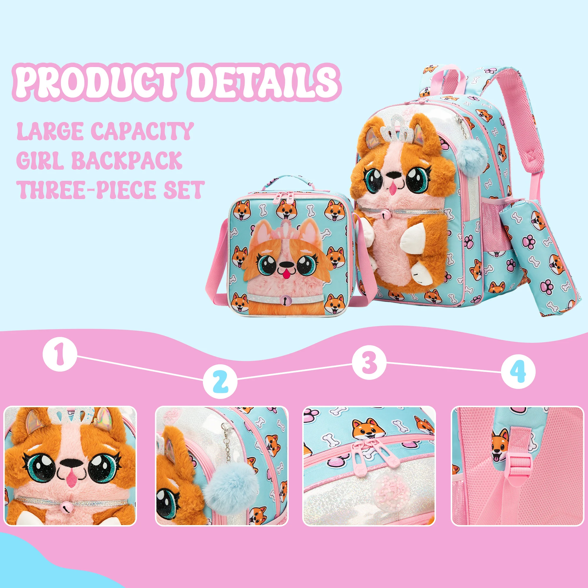 Meetbelify Kids Backpacks for Girls School Backpack with Lunch Bag Pencil Case for Elementary Student Ages 6 to 8