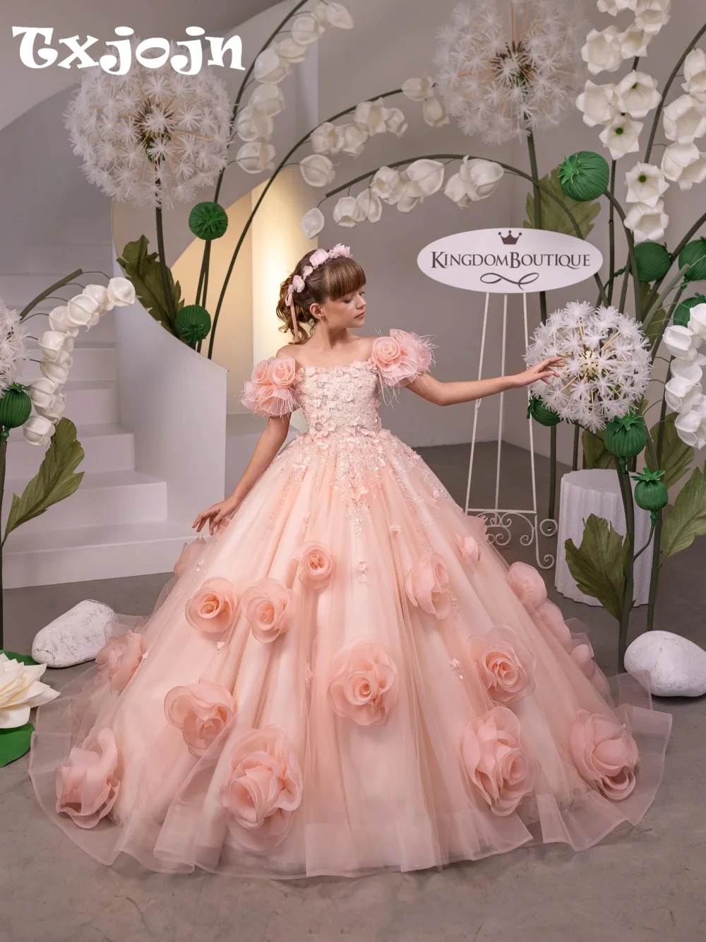 Handmade 3D Floral Sequined Princess Gown Gorgeous Flower Girls Dresses For Wedding Sweet Charming Kids Dresses Performance Wear
