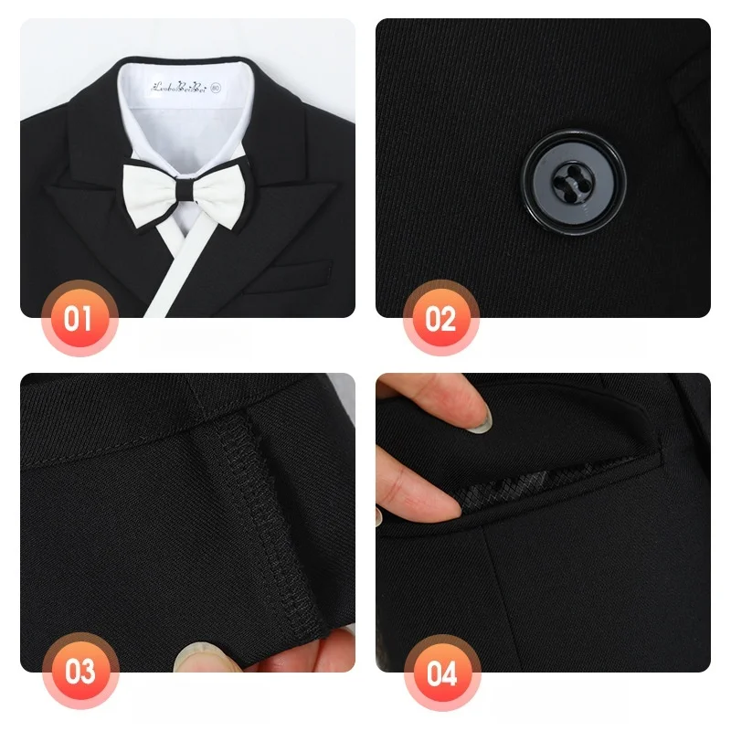 Little Kids White Jacket Vest Pants Bowtie Photography Suit Kids Birthday Wedding Dress Children Piano Host Performance Costume