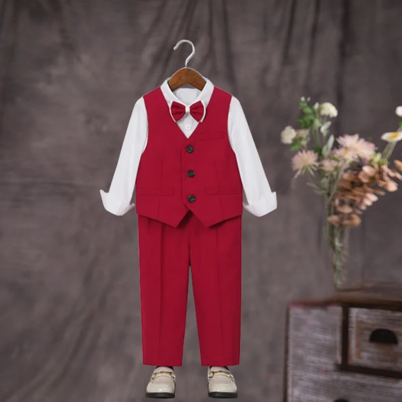 Little Kids White Jacket Vest Pants Bowtie Photography Suit Kids Birthday Wedding Dress Children Piano Host Performance Costume