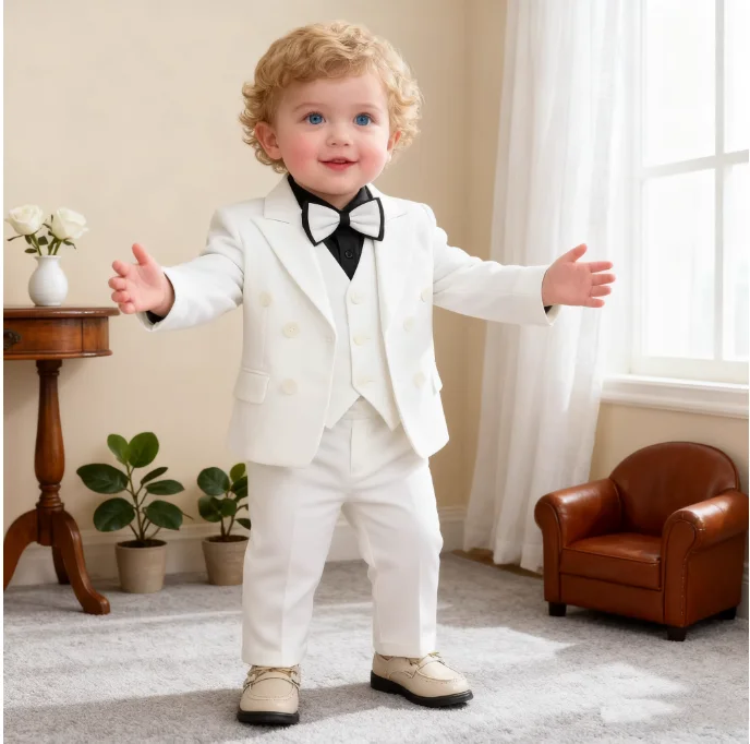Little Kids White Jacket Vest Pants Bowtie Photography Suit Kids Birthday Wedding Dress Children Piano Host Performance Costume