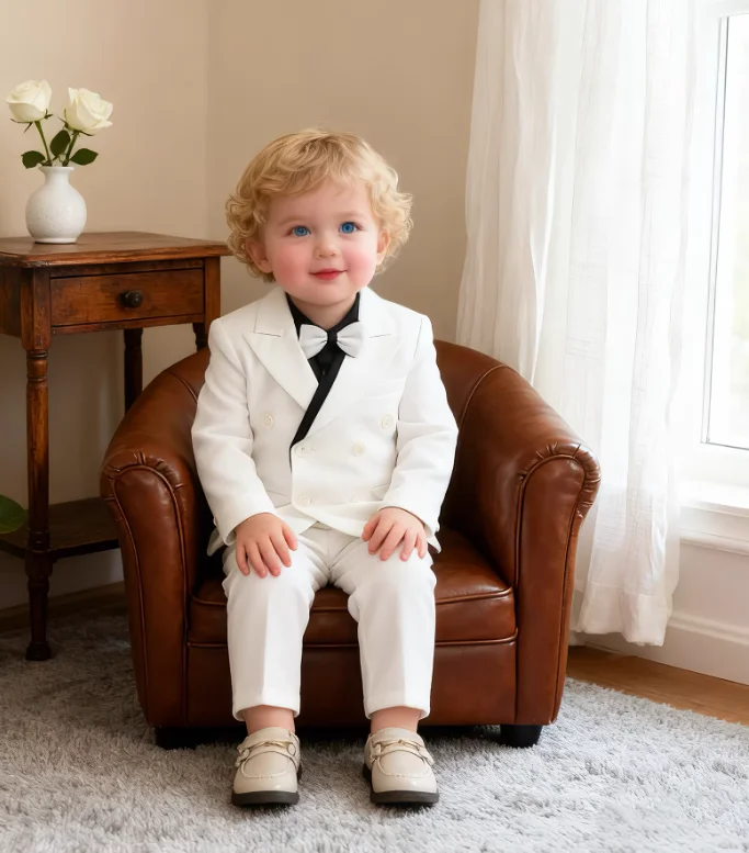Little Kids White Jacket Vest Pants Bowtie Photography Suit Kids Birthday Wedding Dress Children Piano Host Performance Costume