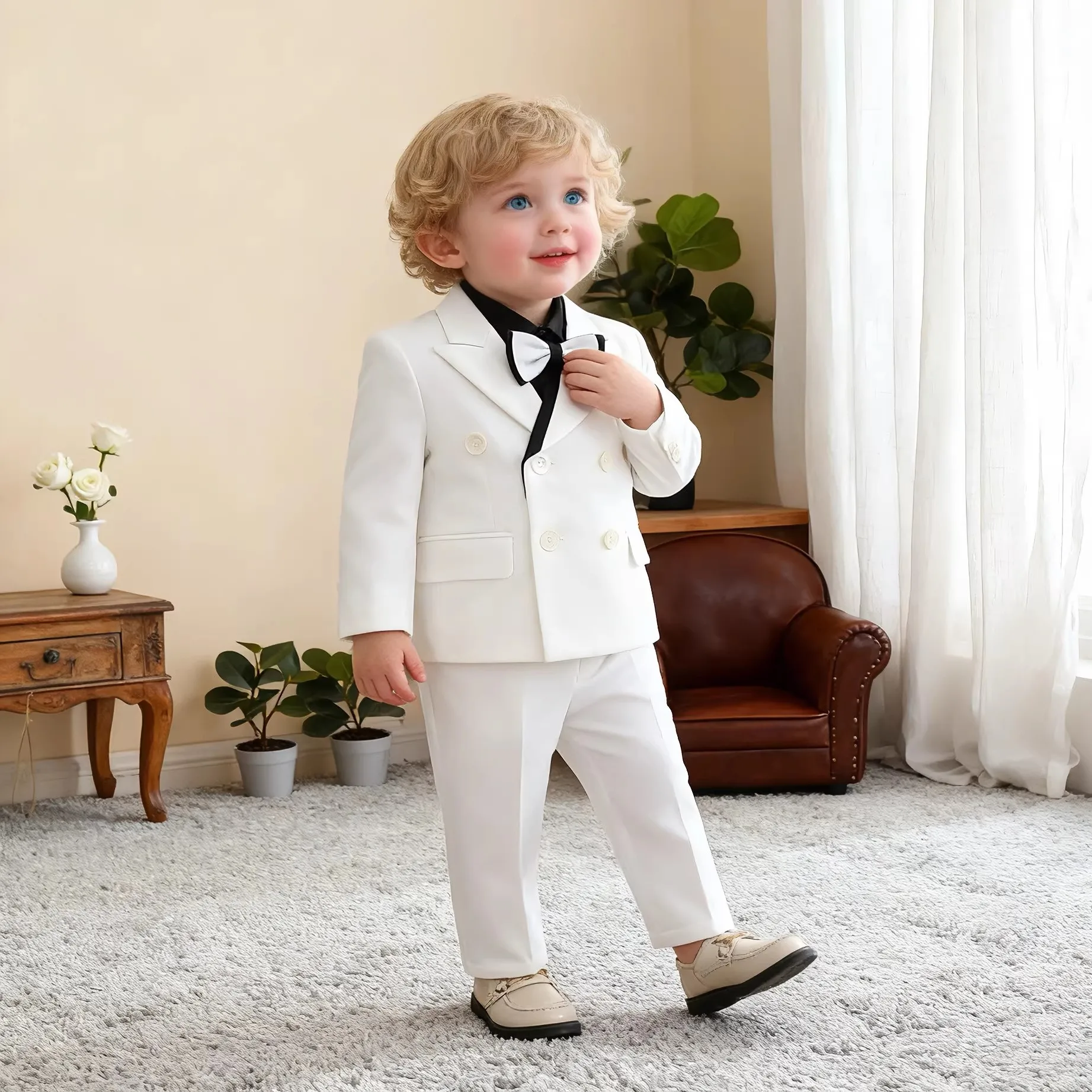 Little Kids White Jacket Vest Pants Bowtie Photography Suit Kids Birthday Wedding Dress Children Piano Host Performance Costume