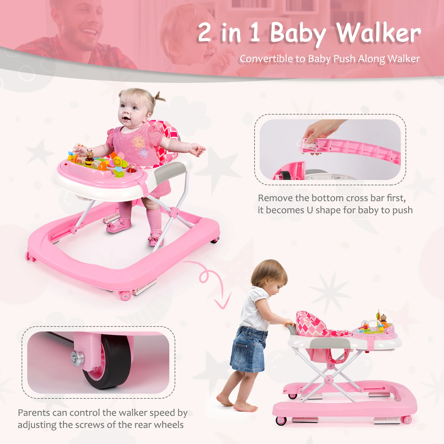 2 in 1 Foldable Baby Walker with Music and Lights, Height Adjustable, Converts to Baby Push Along Walker and Kids Feeding