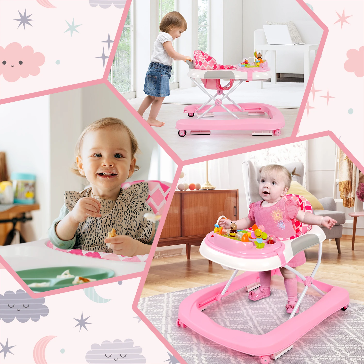 2 in 1 Foldable Baby Walker with Music and Lights, Height Adjustable, Converts to Baby Push Along Walker and Kids Feeding