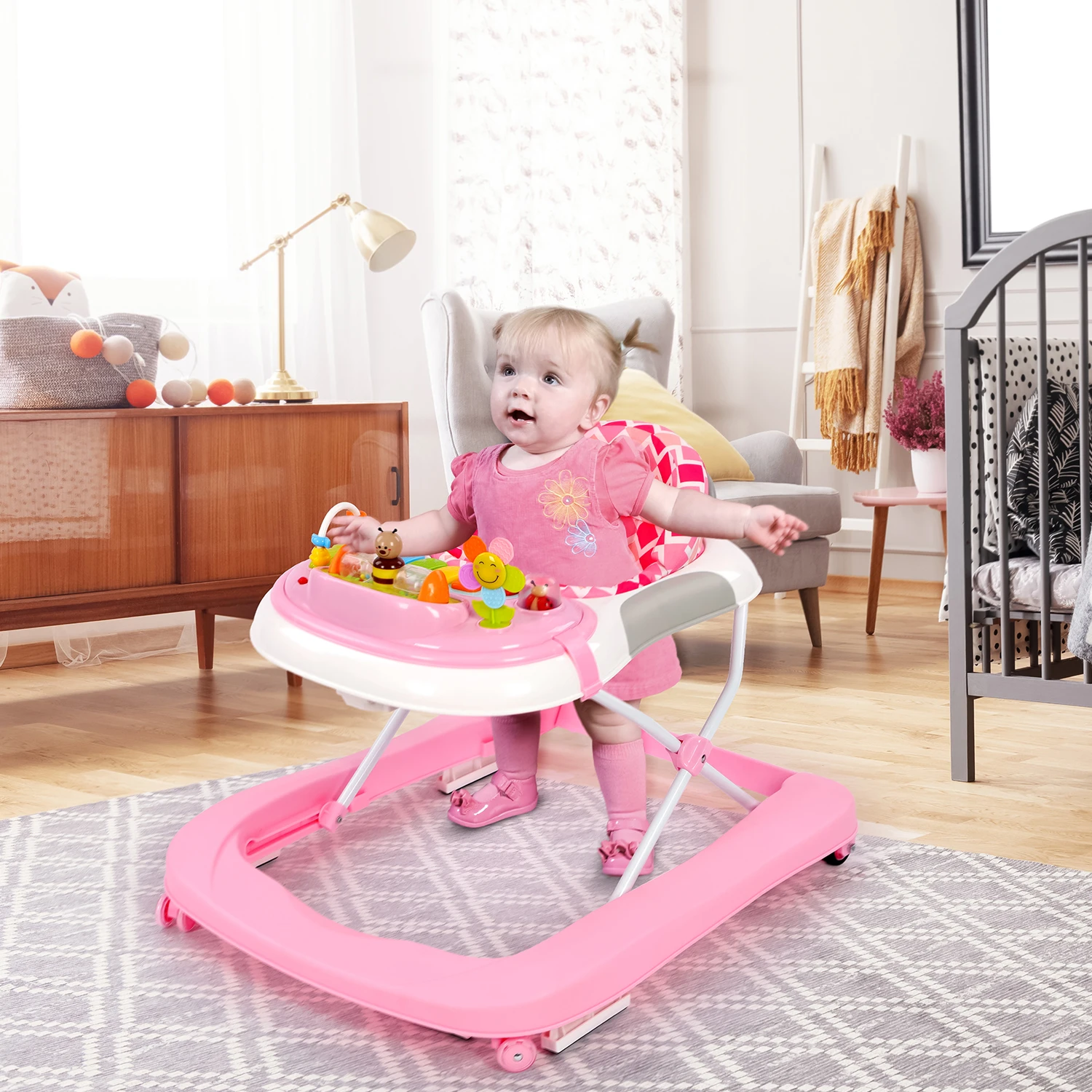 2 in 1 Foldable Baby Walker with Music and Lights, Height Adjustable, Converts to Baby Push Along Walker and Kids Feeding
