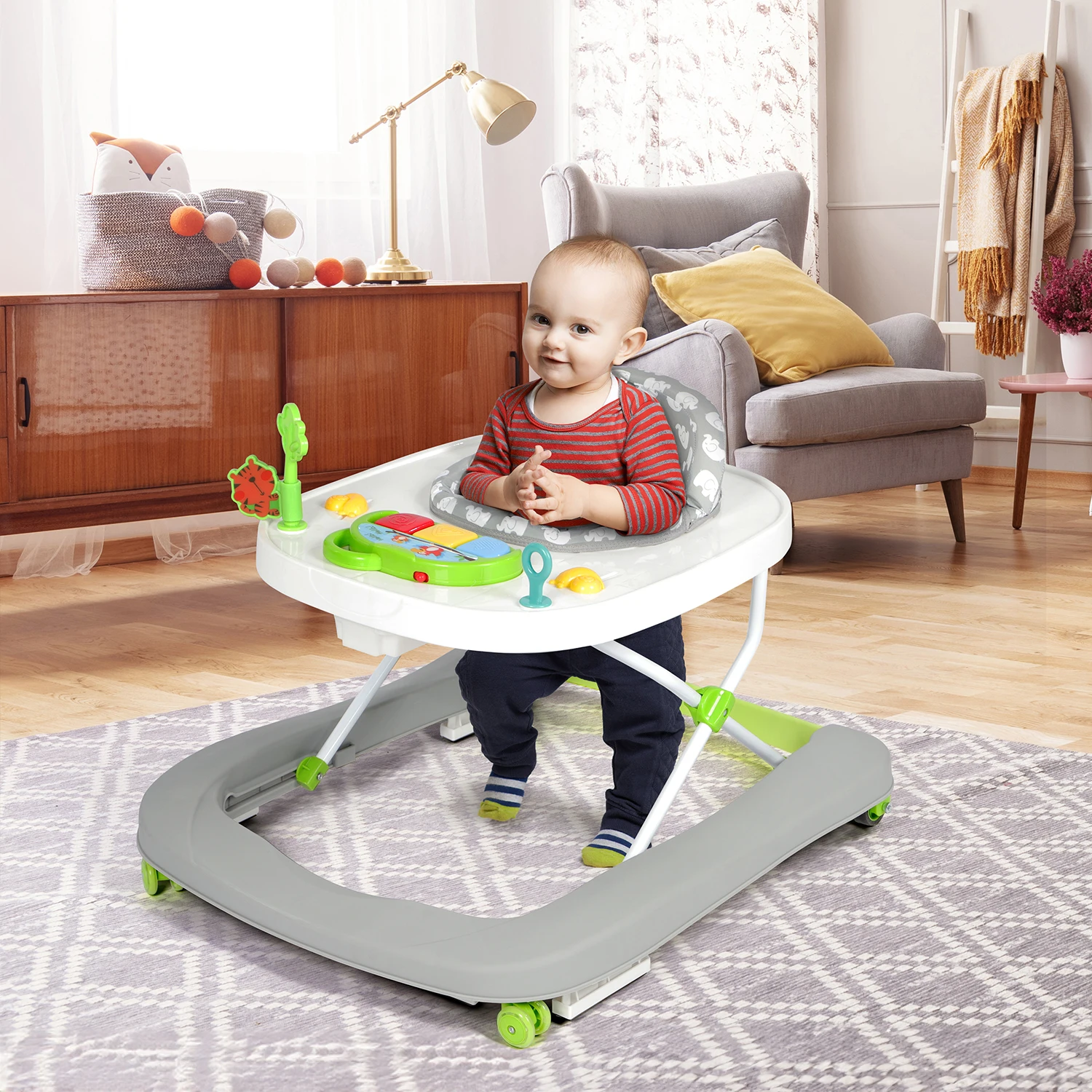 2 in 1 Foldable Baby Walker with Music and Lights, Height Adjustable, Converts to Baby Push Along Walker and Kids Feeding