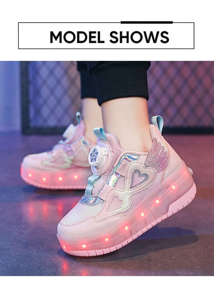 Kids Girls LED Light Up Roller Shoes 2 Retractable Wheels Angel Wings Heart Rotary Buckle Skate Sneakers
