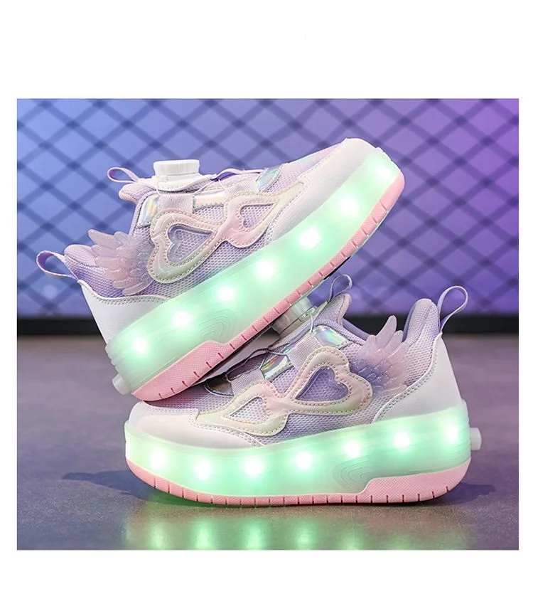 Kids Girls LED Light Up Roller Shoes 2 Retractable Wheels Angel Wings Heart Rotary Buckle Skate Sneakers