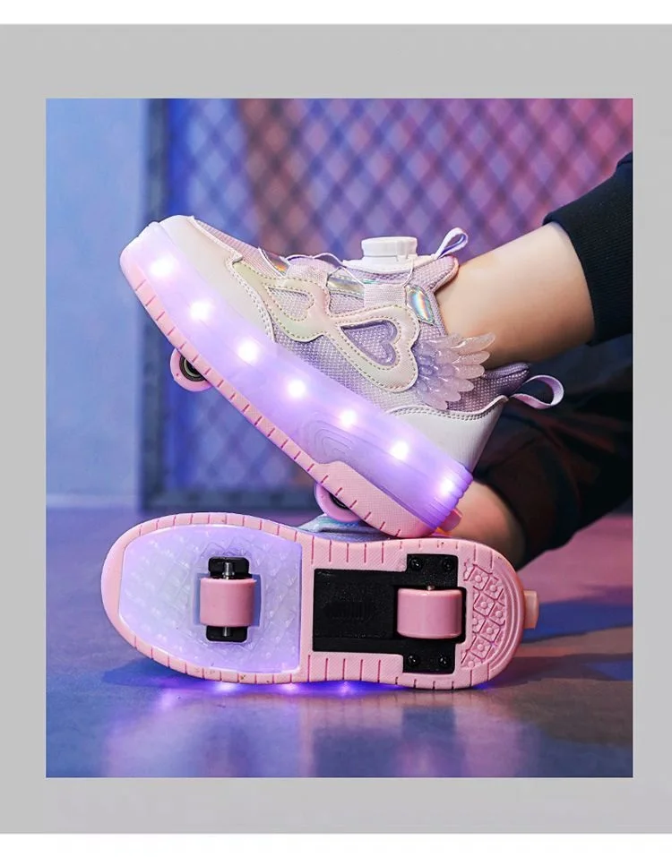Kids Girls LED Light Up Roller Shoes 2 Retractable Wheels Angel Wings Heart Rotary Buckle Skate Sneakers