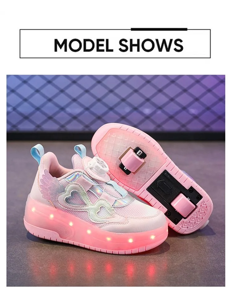 Kids Girls LED Light Up Roller Shoes 2 Retractable Wheels Angel Wings Heart Rotary Buckle Skate Sneakers