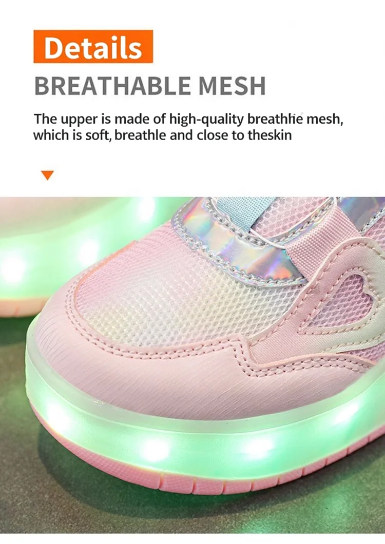 Kids Girls LED Light Up Roller Shoes 2 Retractable Wheels Angel Wings Heart Rotary Buckle Skate Sneakers