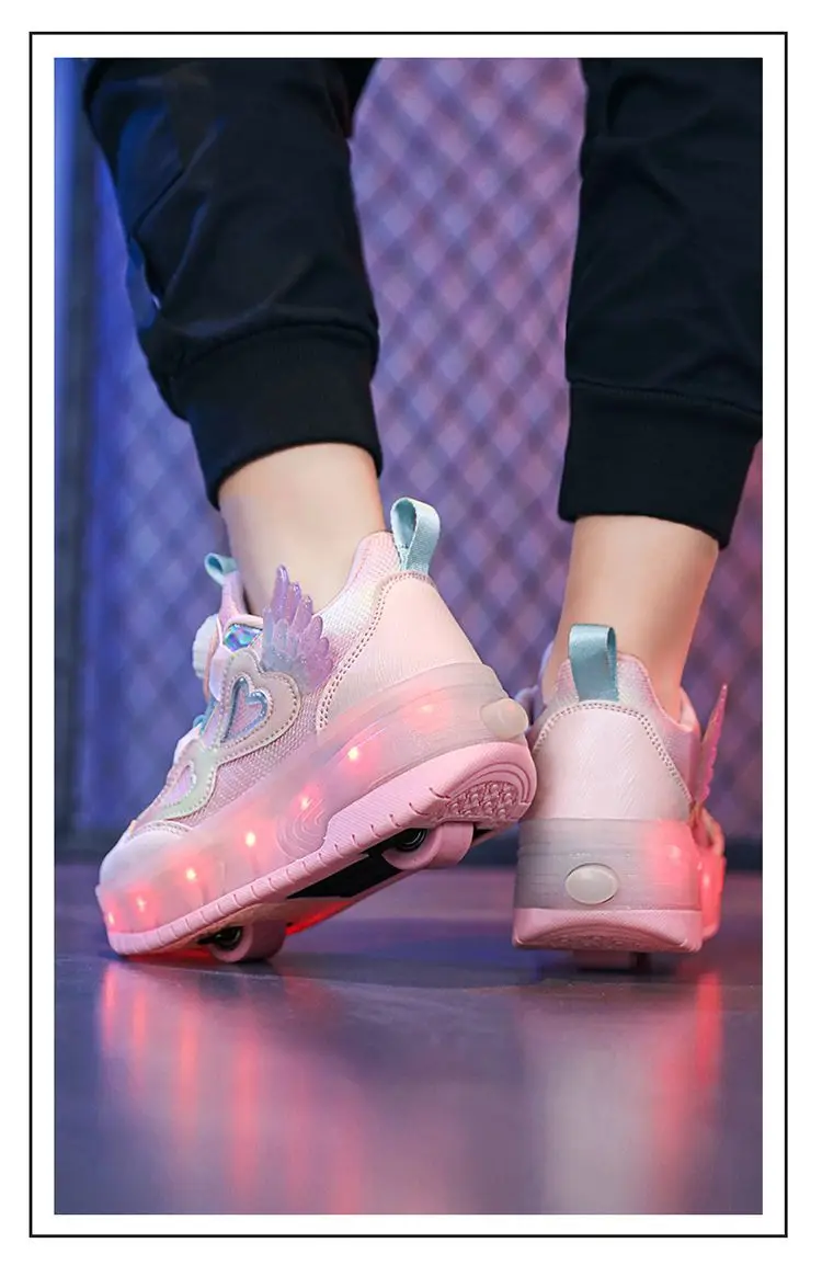 Kids Girls LED Light Up Roller Shoes 2 Retractable Wheels Angel Wings Heart Rotary Buckle Skate Sneakers