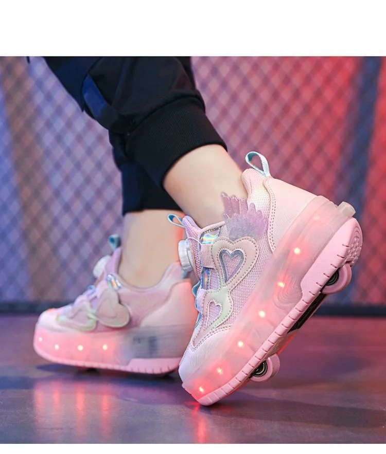 Kids Girls LED Light Up Roller Shoes 2 Retractable Wheels Angel Wings Heart Rotary Buckle Skate Sneakers