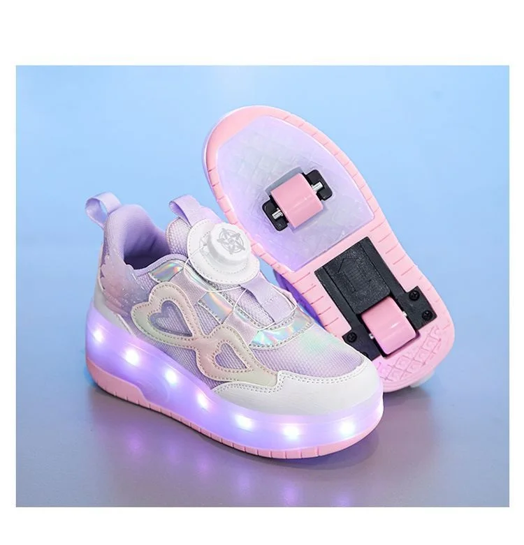 Kids Girls LED Light Up Roller Shoes 2 Retractable Wheels Angel Wings Heart Rotary Buckle Skate Sneakers