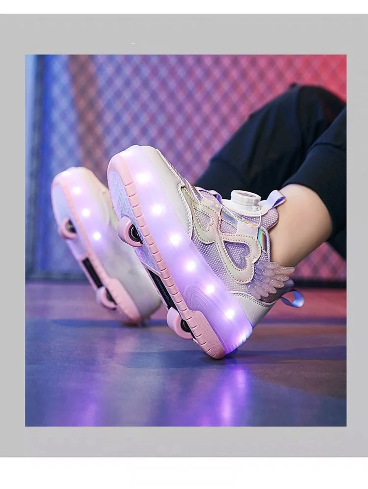Kids Girls LED Light Up Roller Shoes 2 Retractable Wheels Angel Wings Heart Rotary Buckle Skate Sneakers