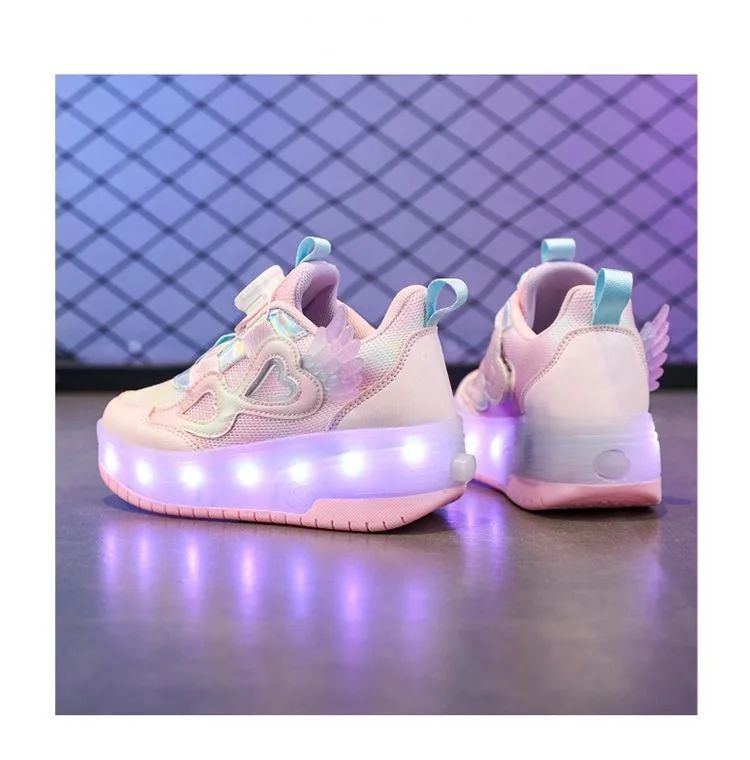Kids Girls LED Light Up Roller Shoes 2 Retractable Wheels Angel Wings Heart Rotary Buckle Skate Sneakers