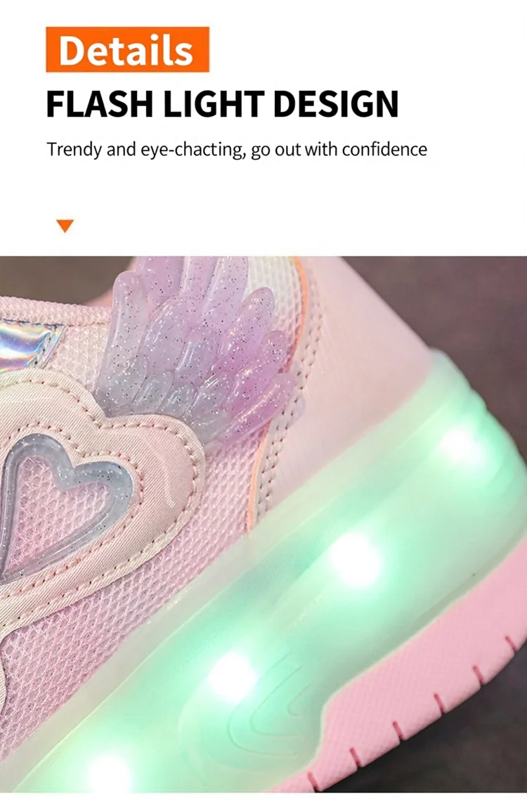 Kids Girls LED Light Up Roller Shoes 2 Retractable Wheels Angel Wings Heart Rotary Buckle Skate Sneakers