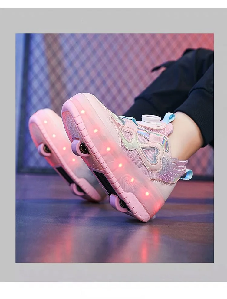 Kids Girls LED Light Up Roller Shoes 2 Retractable Wheels Angel Wings Heart Rotary Buckle Skate Sneakers
