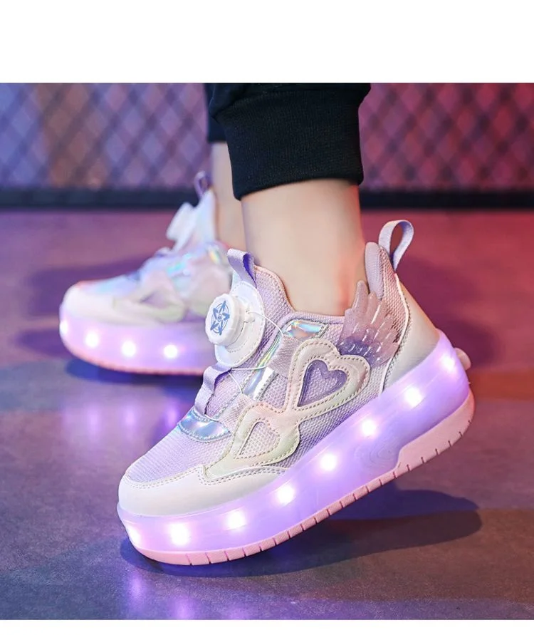 Kids Girls LED Light Up Roller Shoes 2 Retractable Wheels Angel Wings Heart Rotary Buckle Skate Sneakers