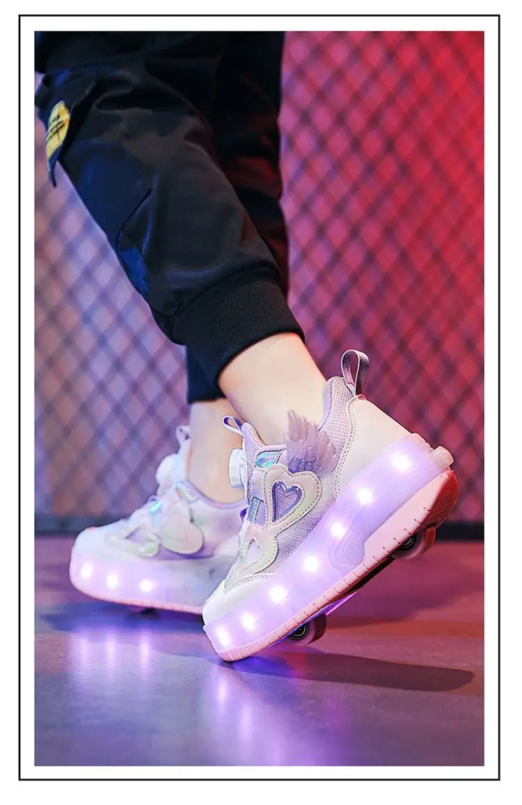 Kids Girls LED Light Up Roller Shoes 2 Retractable Wheels Angel Wings Heart Rotary Buckle Skate Sneakers