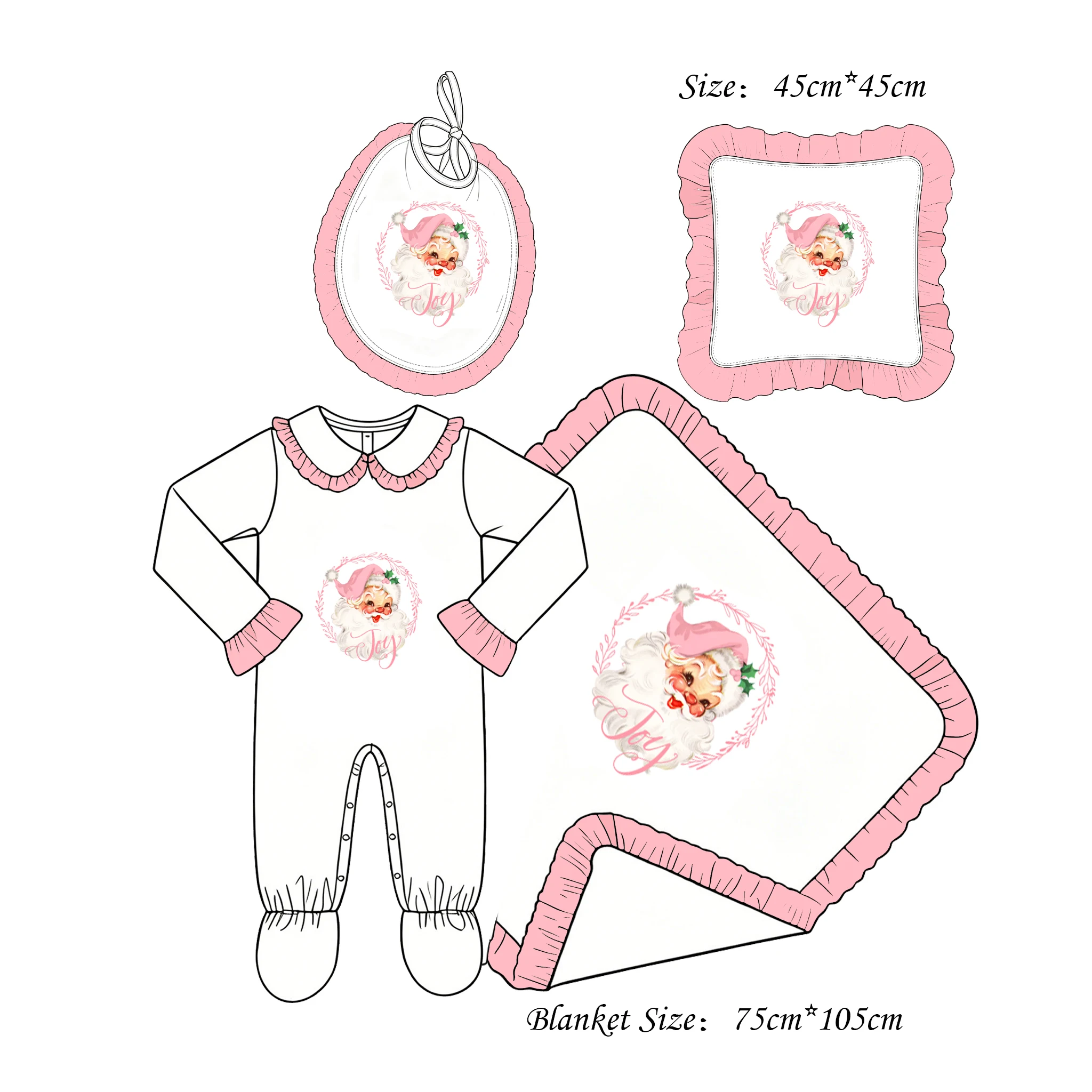 Cautom Baby Pink Vintage Santa Christmas Babygrow Ruffle Footed Romper Swaddle Blanket Pillow Bib X‑mas Outfit