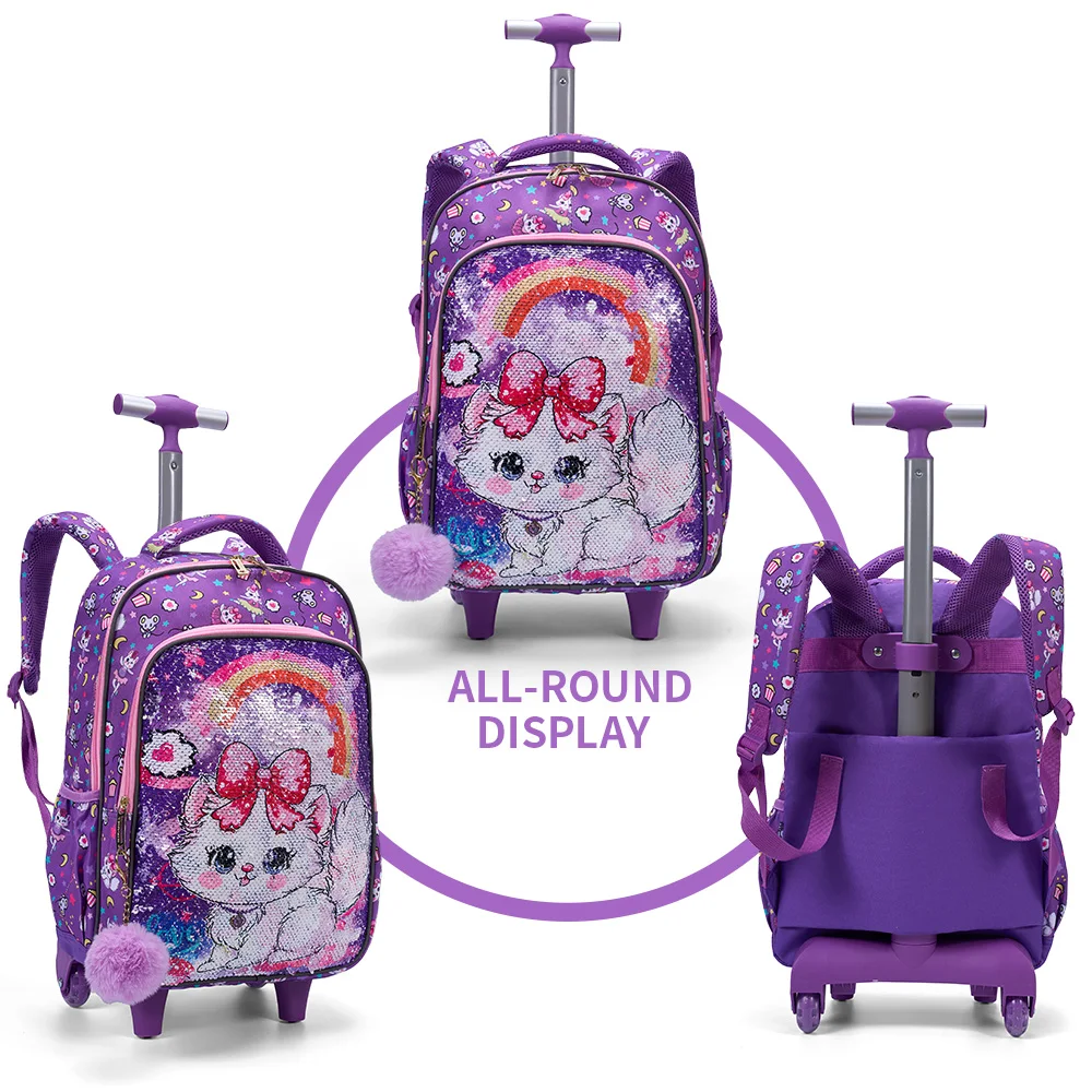 3PCS Set Rolling Backpack For Girls, Purple Cute Cartoon Kitty Cat Sequin Design, Wheeled Bags With Lunch Box And Pen Bag-Red