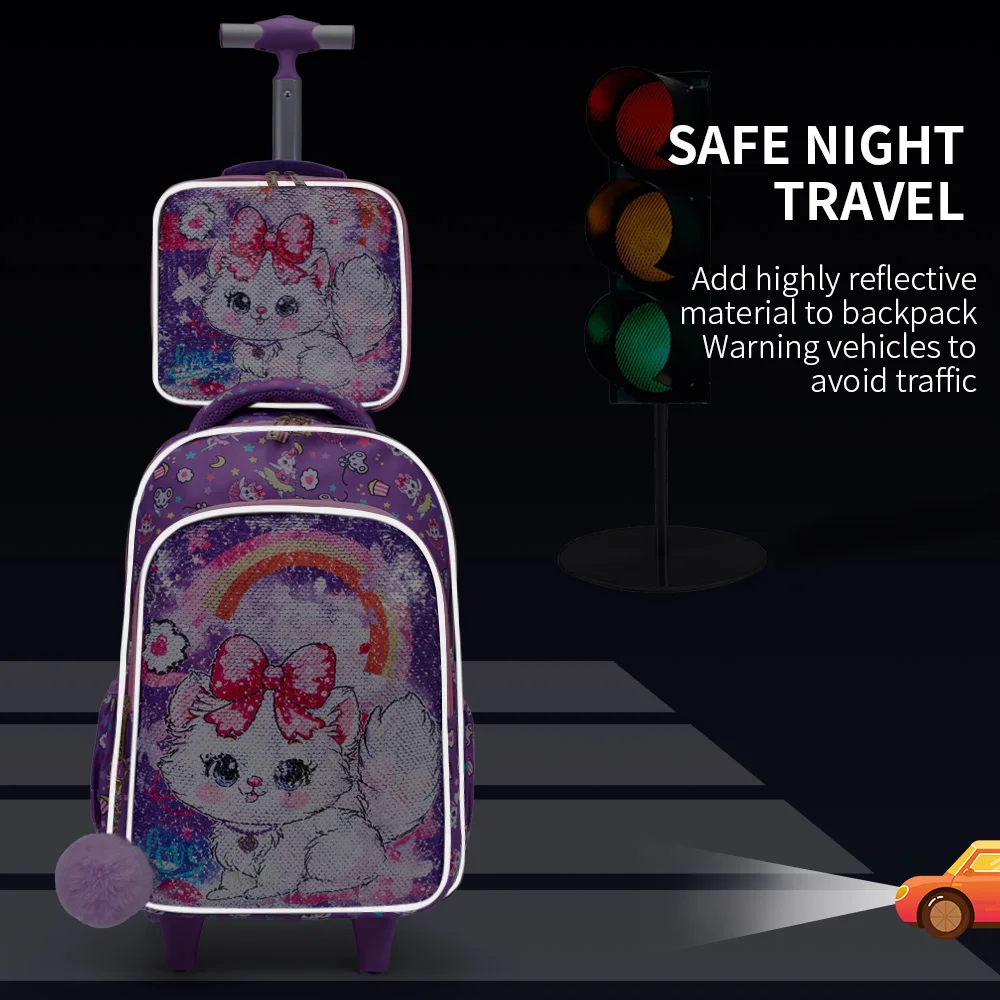 3PCS Set Rolling Backpack For Girls, Purple Cute Cartoon Kitty Cat Sequin Design, Wheeled Bags With Lunch Box And Pen Bag-Red
