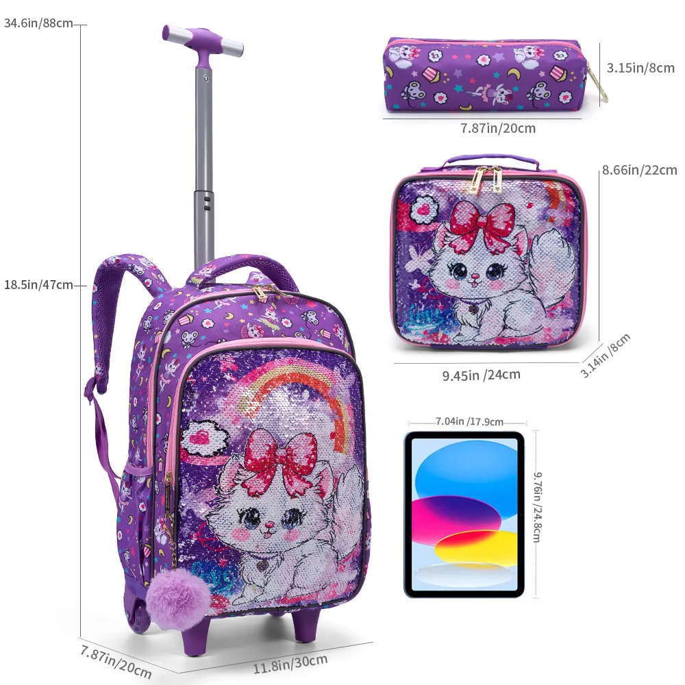 3PCS Set Rolling Backpack For Girls, Purple Cute Cartoon Kitty Cat Sequin Design, Wheeled Bags With Lunch Box And Pen Bag-Red