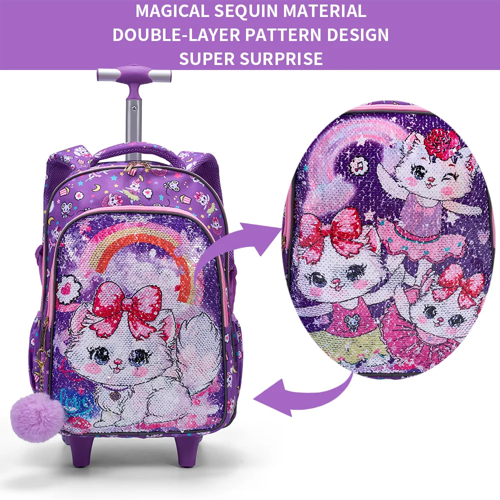 3PCS Set Rolling Backpack For Girls, Purple Cute Cartoon Kitty Cat Sequin Design, Wheeled Bags With Lunch Box And Pen Bag-Red
