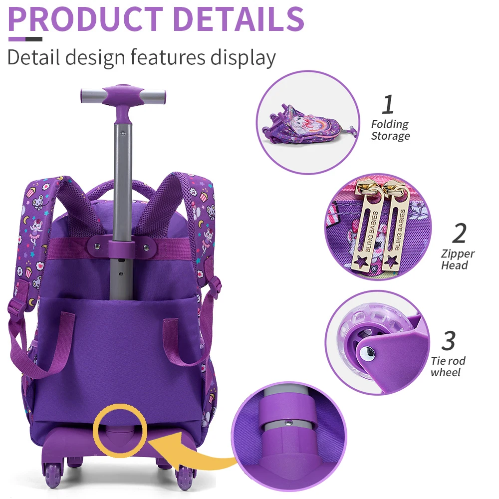 3PCS Set Rolling Backpack For Girls, Purple Cute Cartoon Kitty Cat Sequin Design, Wheeled Bags With Lunch Box And Pen Bag-Red