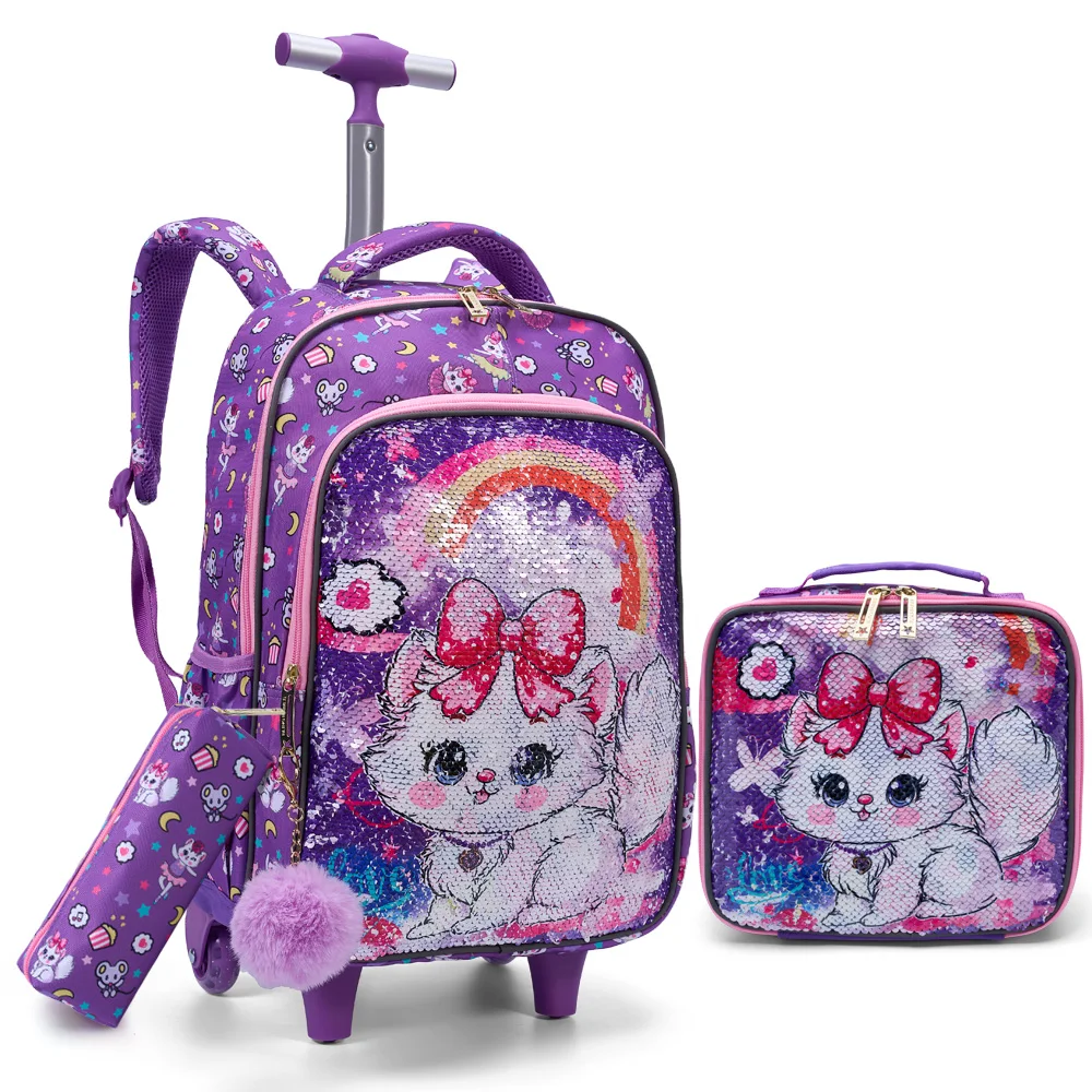 3PCS Set Rolling Backpack For Girls, Purple Cute Cartoon Kitty Cat Sequin Design, Wheeled Bags With Lunch Box And Pen Bag-Red
