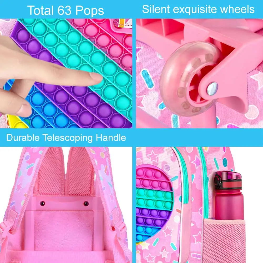 3Pcs Rainbow Heart Kids Rolling Backpack Set Girls Trolley School Bag with Lunch Bag & Pencil Case