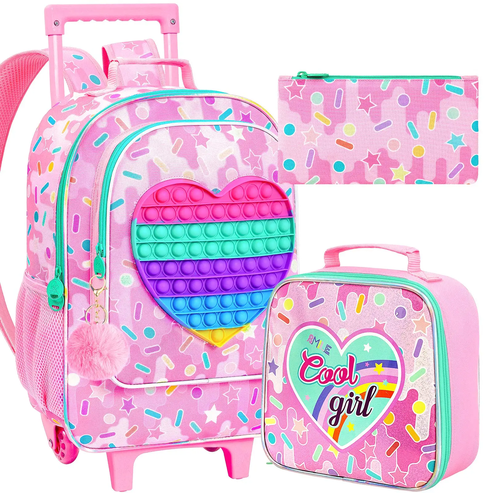 3Pcs Rainbow Heart Kids Rolling Backpack Set Girls Trolley School Bag with Lunch Bag & Pencil Case