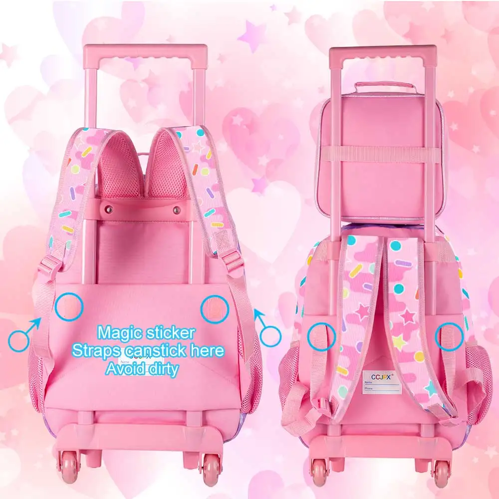 3Pcs Rainbow Heart Kids Rolling Backpack Set Girls Trolley School Bag with Lunch Bag & Pencil Case