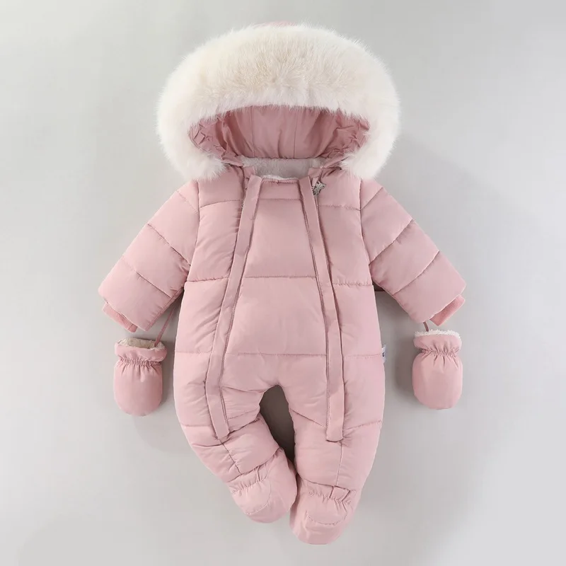 Winter Newborn Baby Girl Clothes Thicken Baby Romper With Gloves Warm Baby Jumpsuit Hooded Plus Velvet Children's Clothing 0-18M