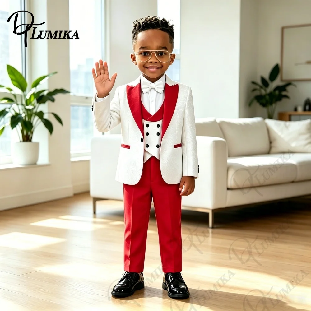 Elegant Jacquard Boys 4Pcs Suit Set 2026 Red Lapel Blazer Waistcoat Pants Bowtie Formal Outfit For Toddler Kids Wedding Prom