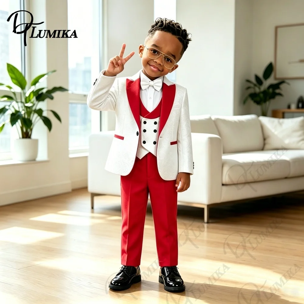Elegant Jacquard Boys 4Pcs Suit Set 2026 Red Lapel Blazer Waistcoat Pants Bowtie Formal Outfit For Toddler Kids Wedding Prom