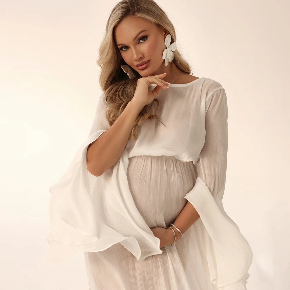 Maternity Photography Props Round Neck Gown Bell Sleeve Dress Pregnancy Photo Shoot Outfits Flowy Studio Posing Clothing