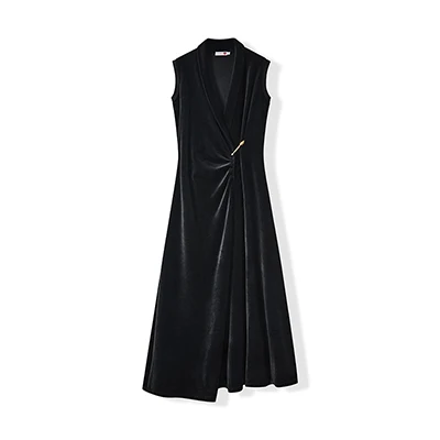 Children Girls Teens Sleeveless Maxi Dress Black Velour Robe Front with Gold Safety Pin Decoration New Fall Design