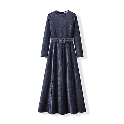 Winter Ladies Women's Long Sleeve Robe Girls Chenille Dress with Velvet Belt Round Neck Design for Comfortable Style
